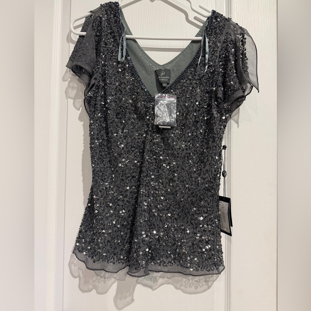 NWT Adrianna Papell Charcoal Sequin Blouse 100% Silk
